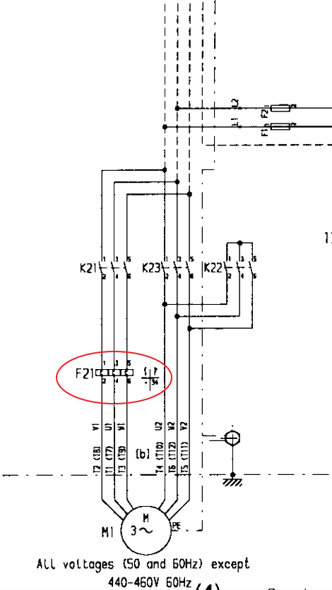 Electrical connection of thermal overload relay on air compressor